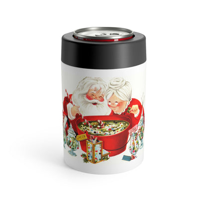 Santa And Mrs. Claus Making Christmas Cheer Retro Christmas Print Stainless Steel Can Holder