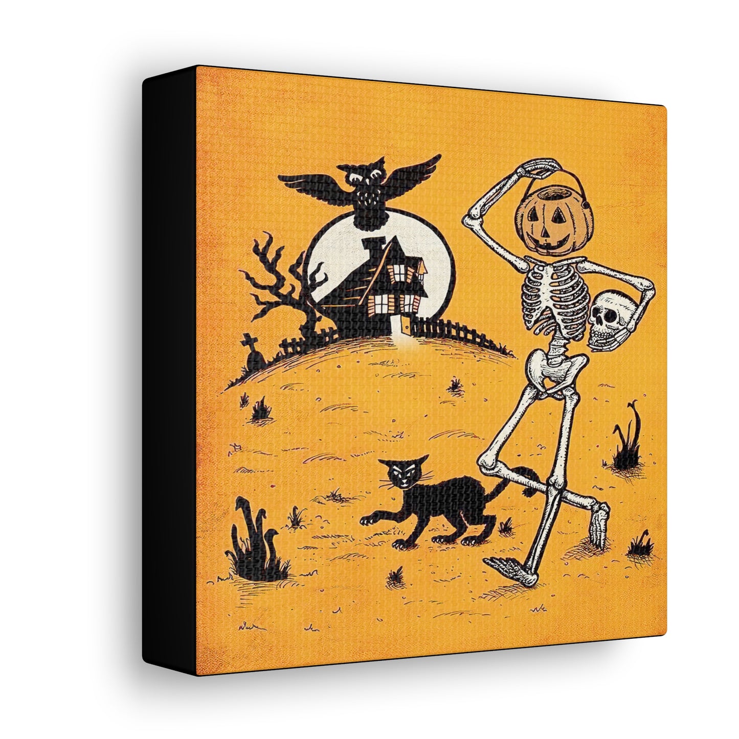 This canvas wall art features a retro vintage Halloween illustration of a skeleton with a trick or treating bucket for a head, a black cat, flying owl and spooky house with a full moon. The background is yellowish orange.