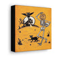 This canvas wall art features a retro vintage Halloween illustration of a skeleton with a trick or treating bucket for a head, a black cat, flying owl and spooky house with a full moon. The background is yellowish orange.