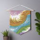 This fabric wall hanging features ethereal space swirls of pinks, blues, greens and gold.