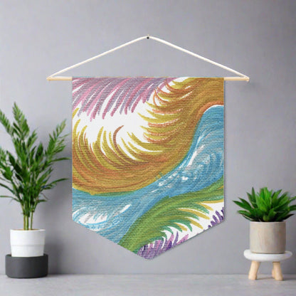 This fabric wall hanging features ethereal space swirls of pinks, blues, greens and gold.