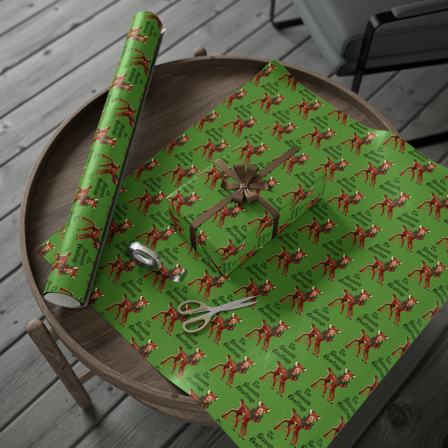 The Season's Greetings Reindeer With Wreath Mid Century Retro Christmas Print Holiday Gift Wrap Paper - Glossy Or Matte