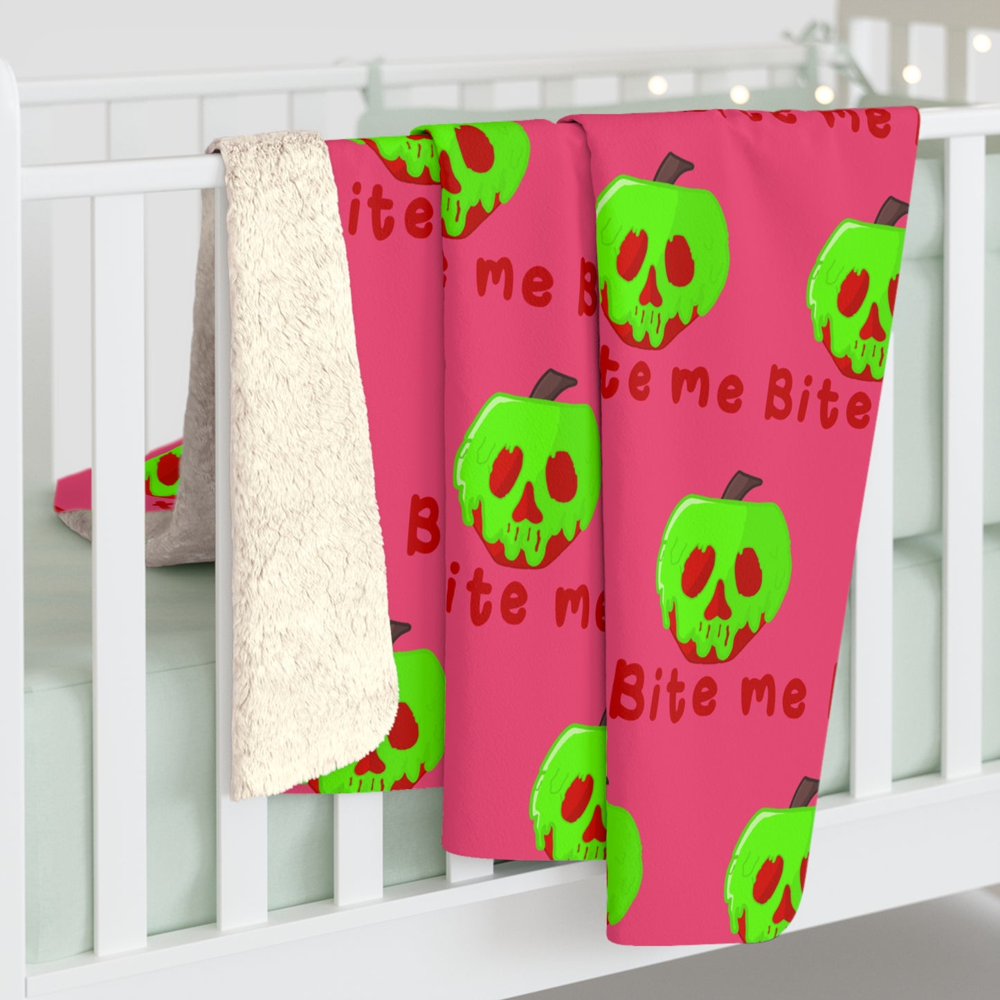 Bite Me Poison Apple Halloween Sherpa Fleece Blanket - Pink Variant