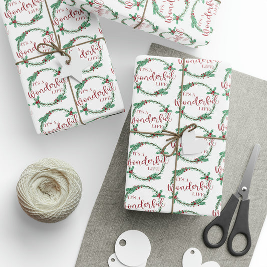 It's A Wonderful Life Christmas Wreath Retro Style Holiday Gift Wrap Paper - Glossy Or Matte