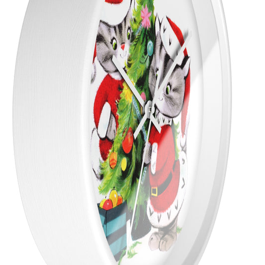 Santa Christmas Cats Decorating Tree Mid Century Retro Print White Christmas Wall Clock