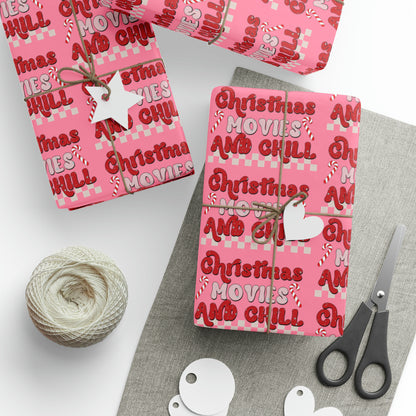 Christmas Movies And Chill Retro Style Christmas Print Holiday Gift Wrap Paper - Glossy Or Matte