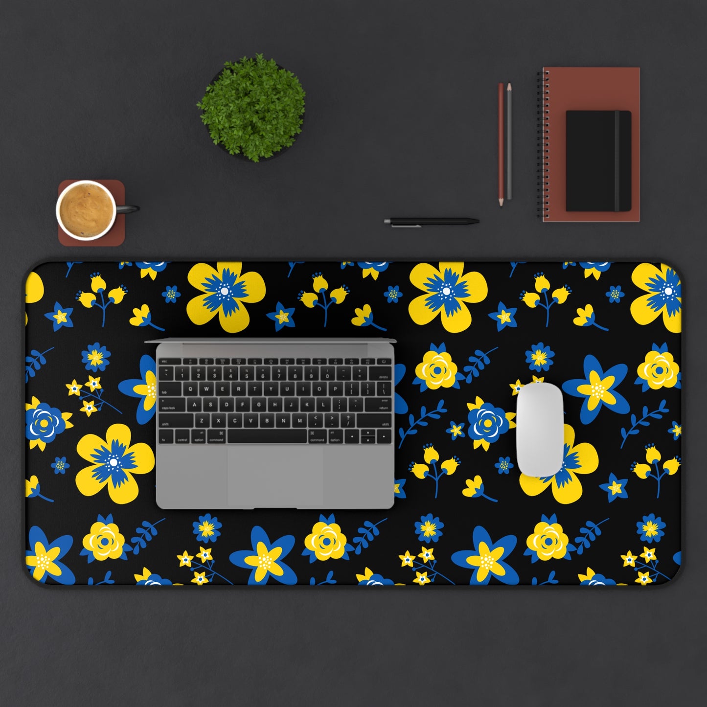 Ukranian Country Flowers Black Floral Desk Mat - 3 size options