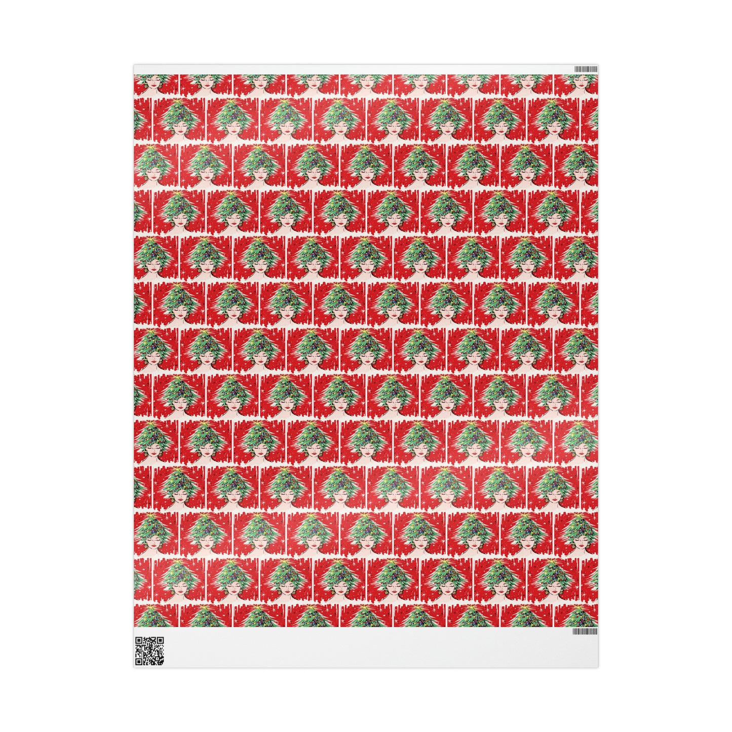 This festive Christmas gift wrap features a retro Midcenturyprint of a woman wearing a Christmas tree hat with a red background and black and white starbursts.