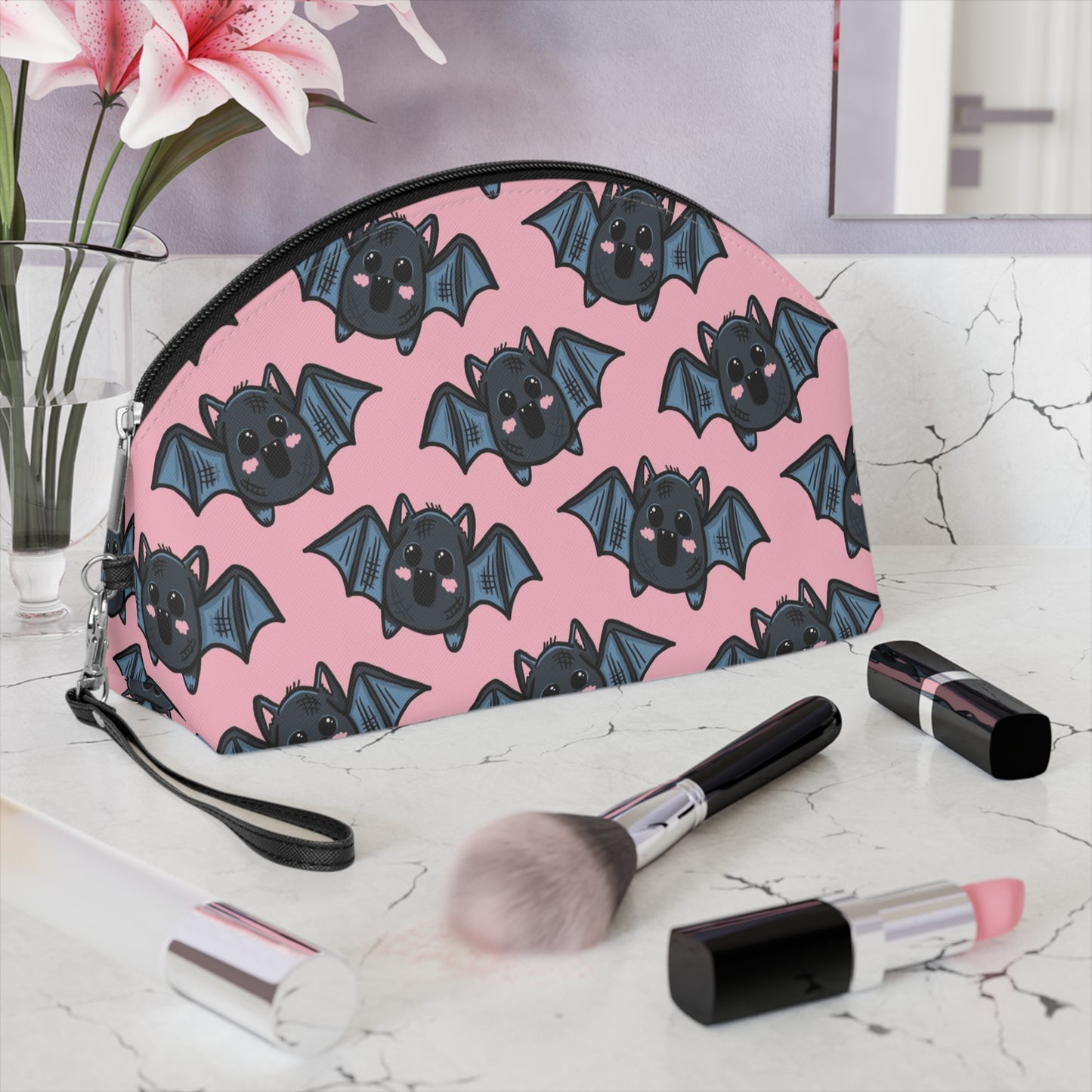 Cute Pink Bats Halloween Travel Cosmetic Makeup Bag