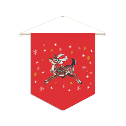 Reindeer Stars Red Mid Century Retro Christmas Print Wall Hanging Banner Flag