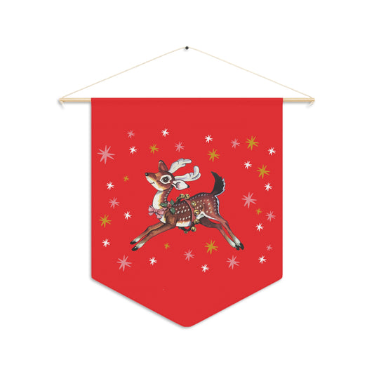 Reindeer Stars Red Mid Century Retro Christmas Print Wall Hanging Banner Flag