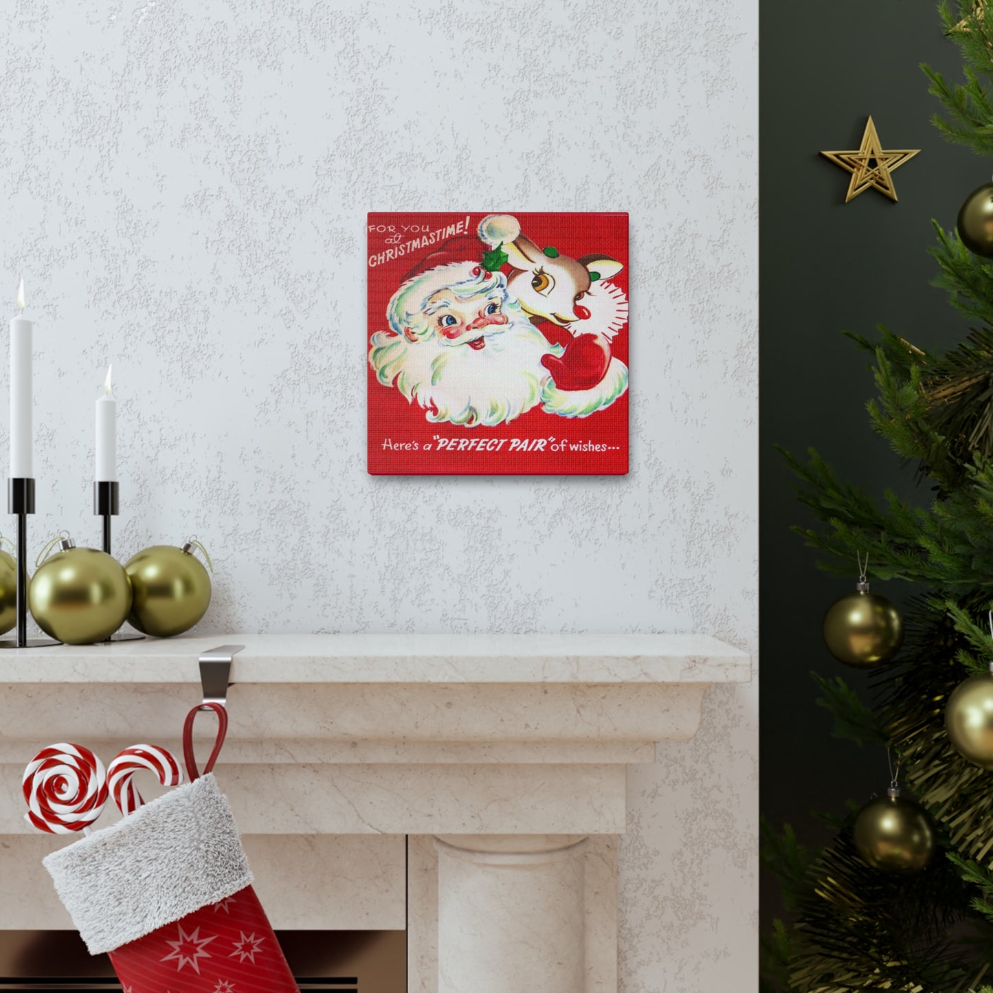 For You At Christmastime Santa And Rudolph Mid Century Retro Christmas Canvas Gallery Wrap