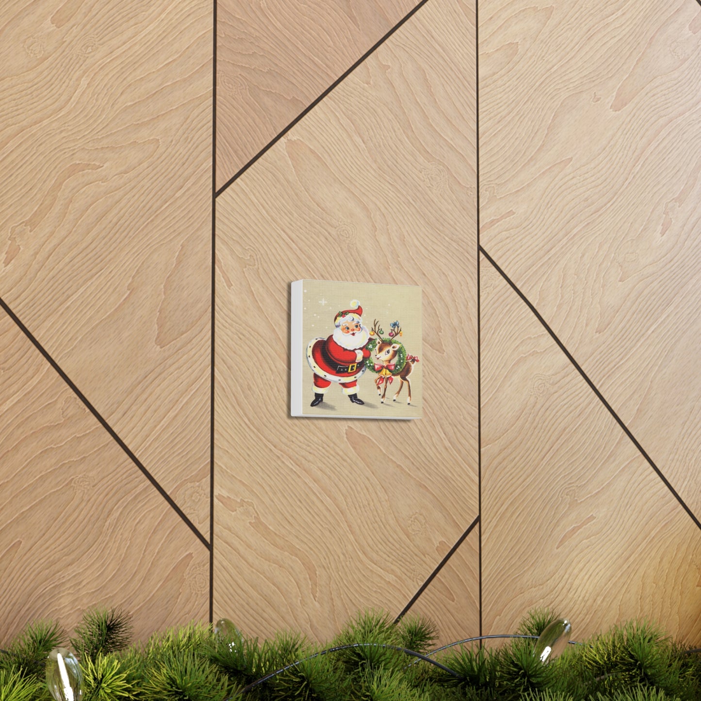 Santa And Reindeer Mid Century Retro Christmas Canvas Gallery Wrap