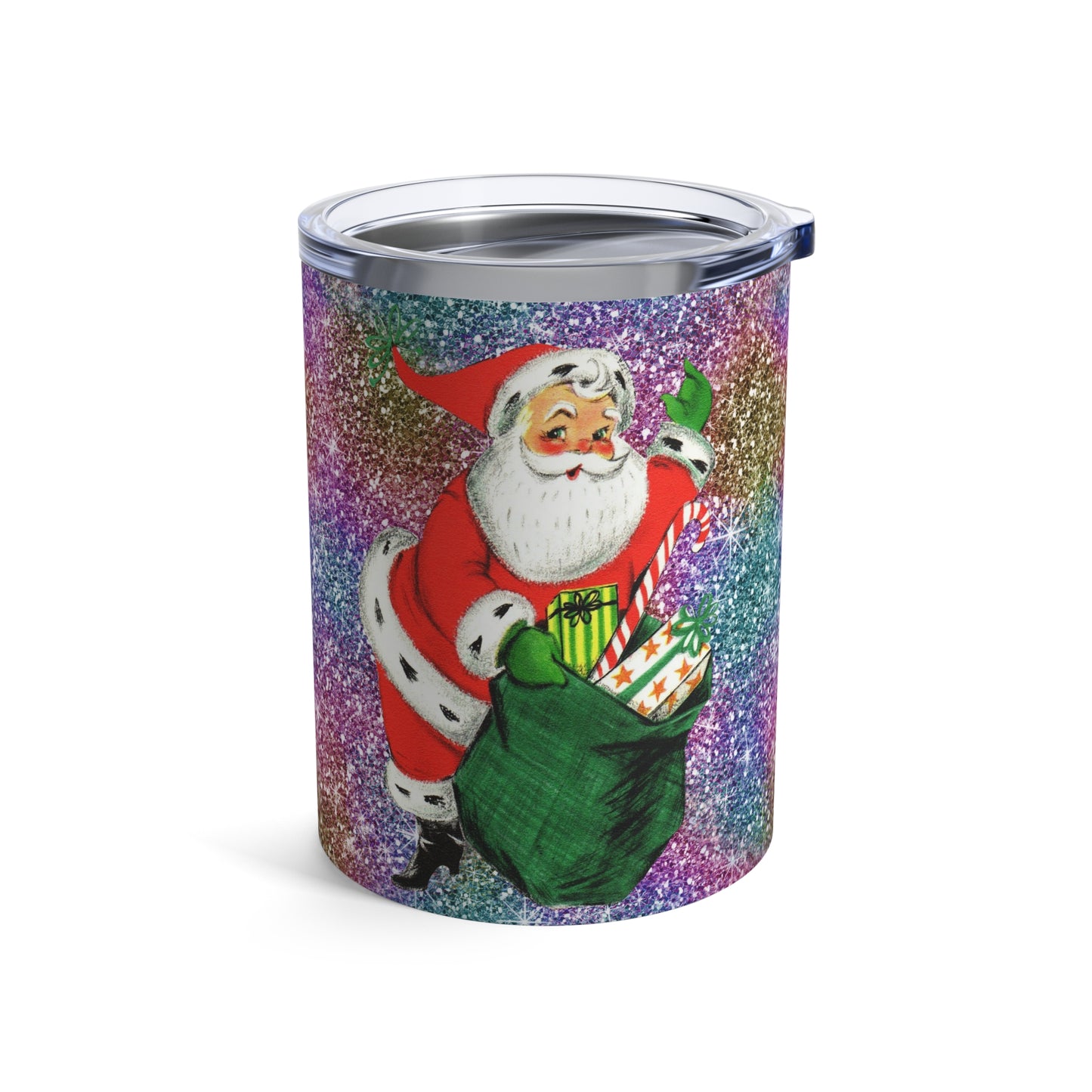 Santa With His Sack Of Presents Glitter Background Retro Christmas Print Stainless Steel Tumbler 10oz