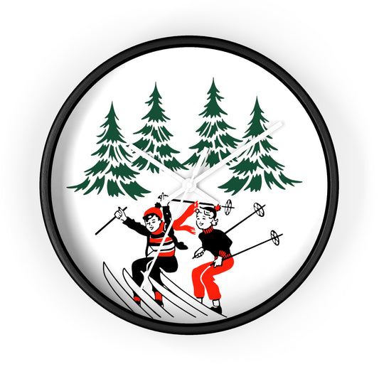 Christmas Skiing Couple Trees Winter Mid Century Retro Christmas Print White Christmas Wall Clock