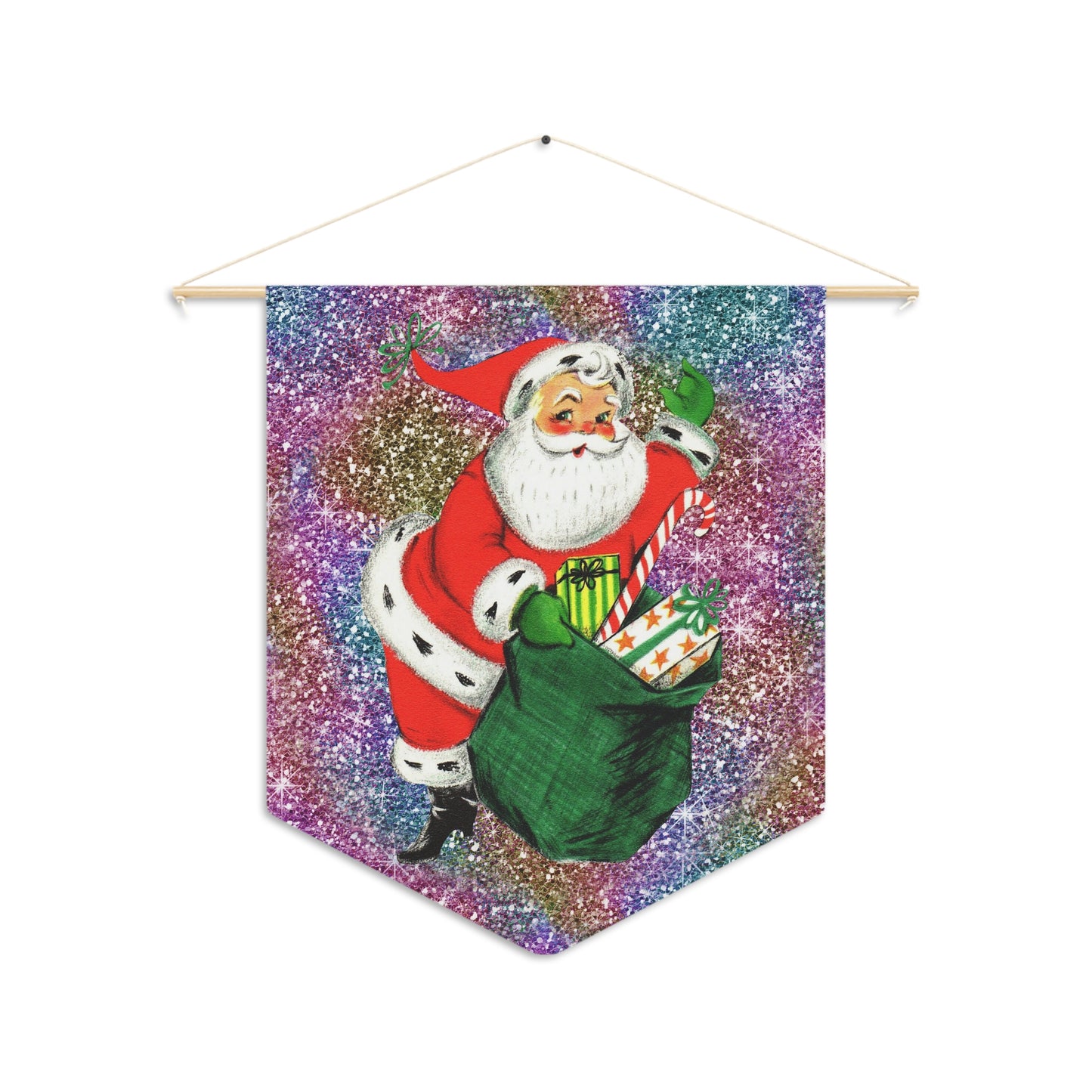 Santa With His Sack Of Presents Glitter Background Mid Century Retro Christmas Print Wall Hanging Banner Flag