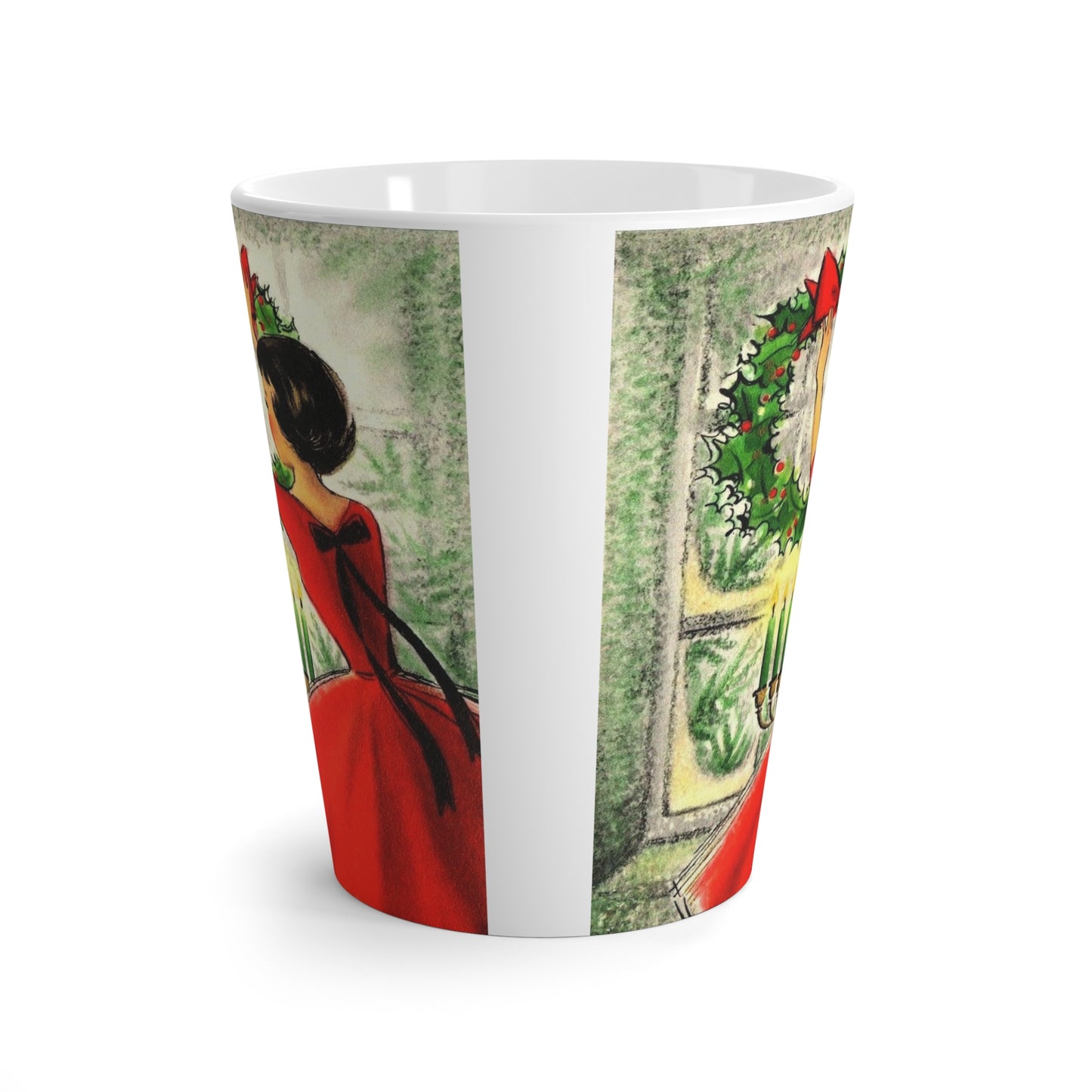 Lady With Christmas Wreath Candles Mid Century Retro Christmas Print Latte Coffee Mug