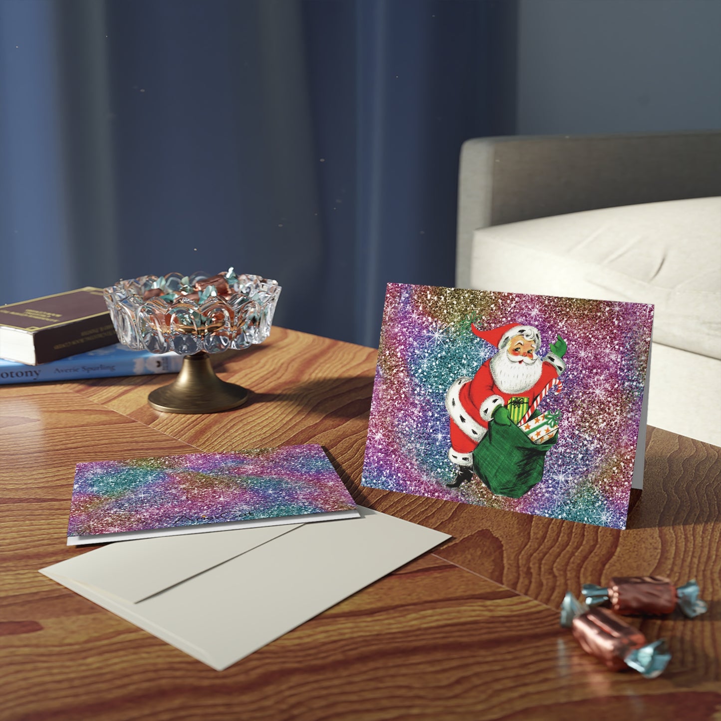 Santa With Sack Of Presents Glitter Background Mid Century Retro Christmas Print Matte Greeting Cards (8, 16, and 24 pcs)