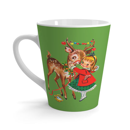 Girl With Christmas Reindeer Mid Century Retro Christmas Print Latte Mug