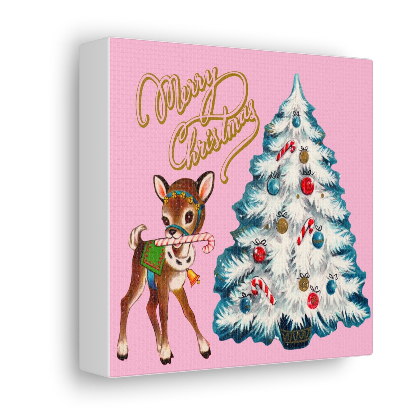 Reindeer Merry Christmas Mid Century Retro Pink Christmas Canvas Gallery Wrap