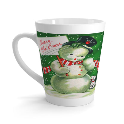Merry Christmas Snowman With Bird Mid Century Retro Christmas Print Latte Mug