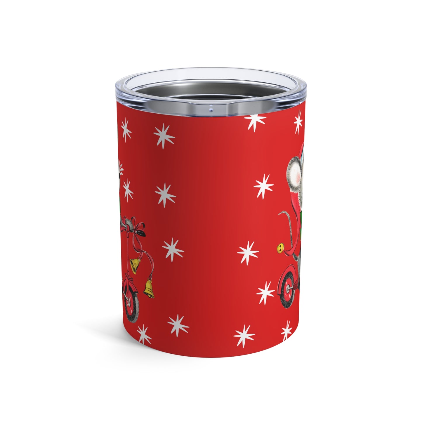 Christmas Mouse On Scooter Stars Mid Century Retro Christmas Print Stainless Steel Tumbler 10oz