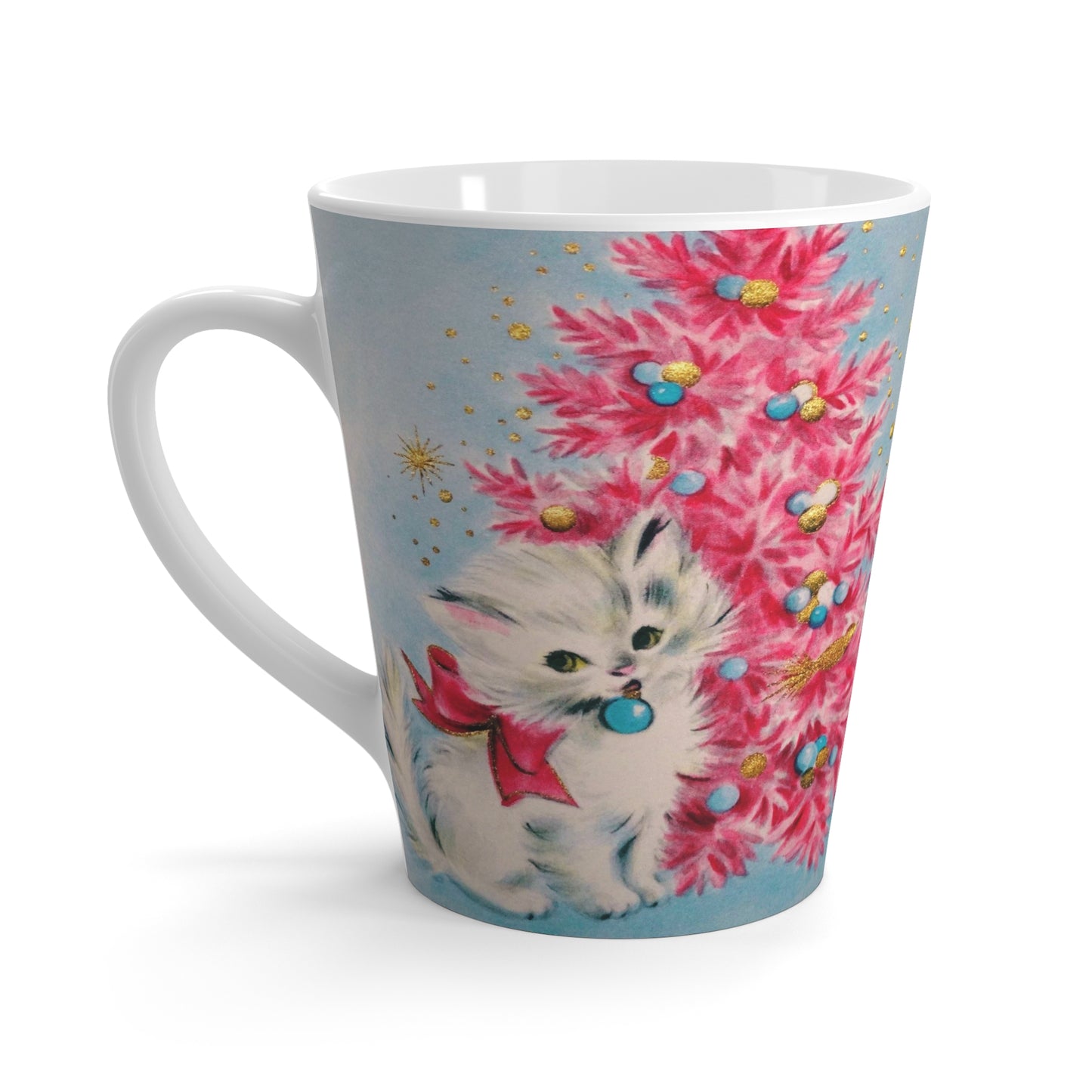 Christmas Kitten Pink Christmas Tree Retro Christmas Print Latte Coffee Mug