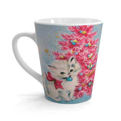 Christmas Kitten Pink Christmas Tree Retro Christmas Print Latte Coffee Mug