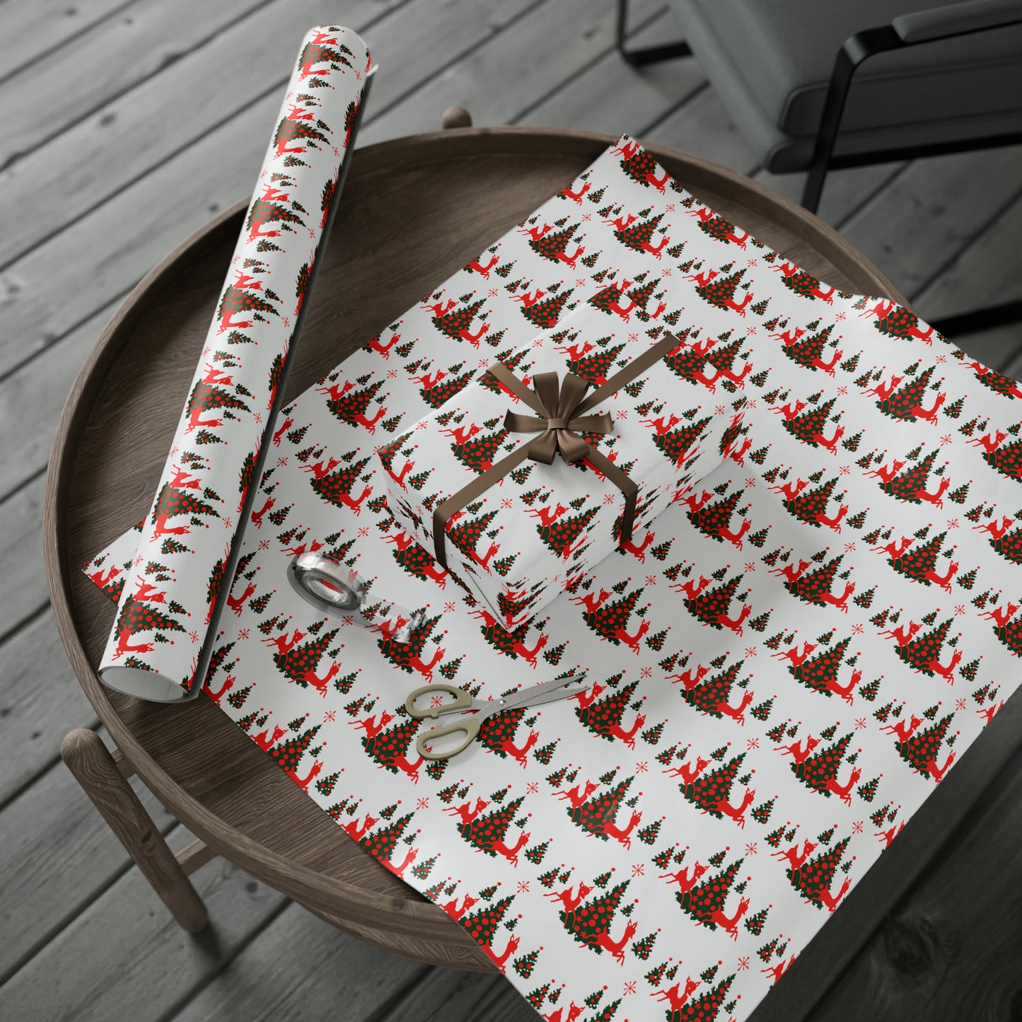 Red Reindeer Christmas Trees Mid Century Retro Christmas Print Holiday Gift Wrap Paper - Glossy Or Matte