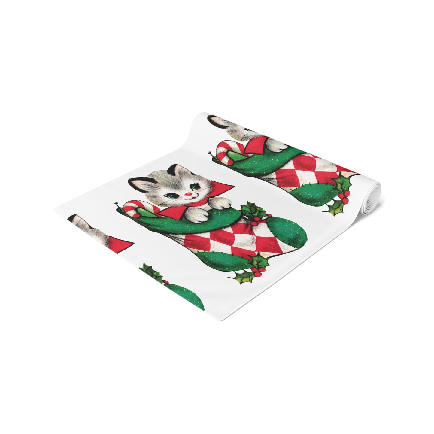 Cute Christmas Kitten In Stocking Mid Century Retro Christmas Print Home Decor Cotton Poly Table Runner