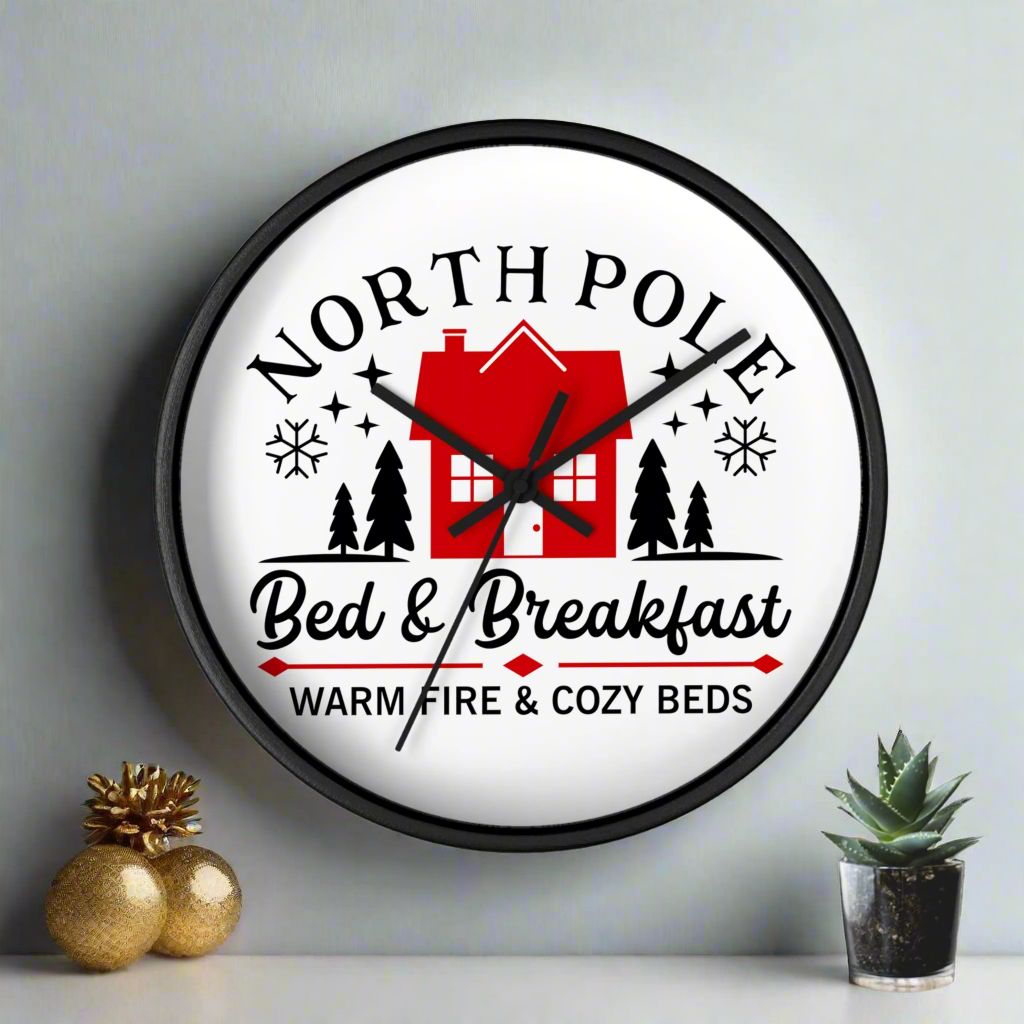 North Pole Bed And Breakfast Christmas Black Wall Clock