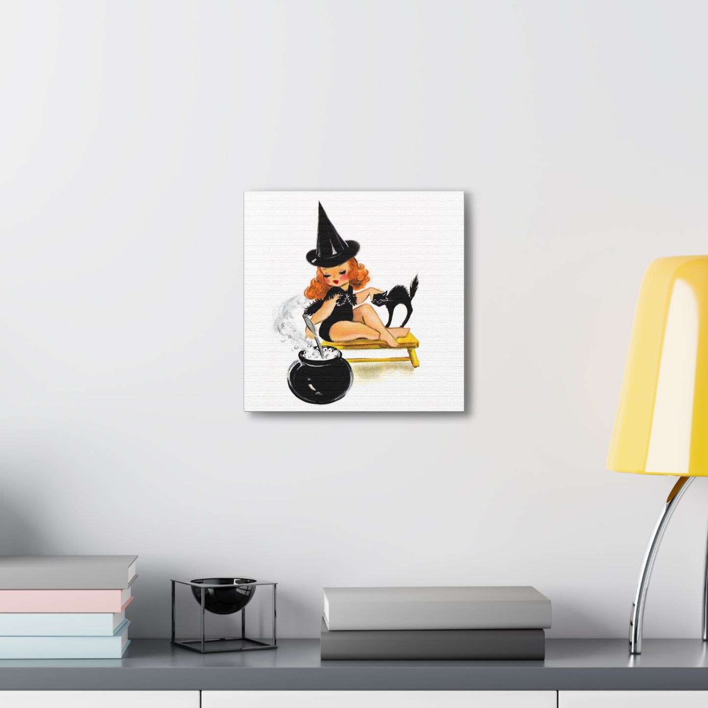 Orange Witch Black Cat Retro Halloween Decor Print Canvas Gallery Wrap