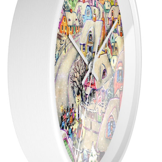 Christmas Town Retro Print White Christmas Wall Clock