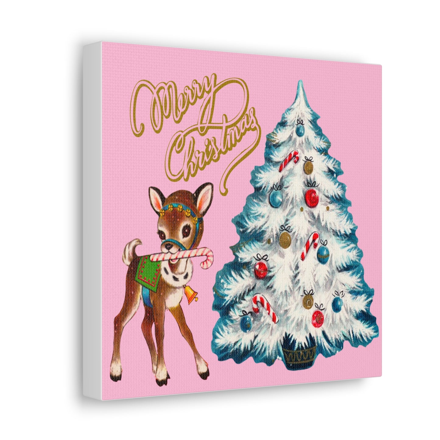 Reindeer Merry Christmas Mid Century Retro Pink Christmas Canvas Gallery Wrap