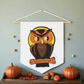 This pennant banner flag wall hanging features a vintage Halloween illustration of a beautiful Orange and black owl perched on a branch with the full yellow moon behind him. 