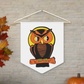 This pennant banner flag wall hanging features a vintage Halloween illustration of a beautiful Orange and black owl perched on a branch with the full yellow moon behind him. 