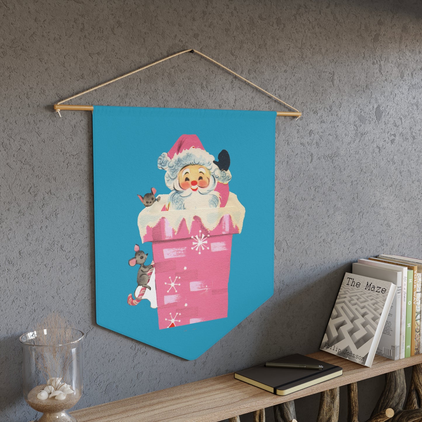 Pink Santa In Chimney Blue Mid Century Retro Print Christmas Print Wall Hanging Banner Flag