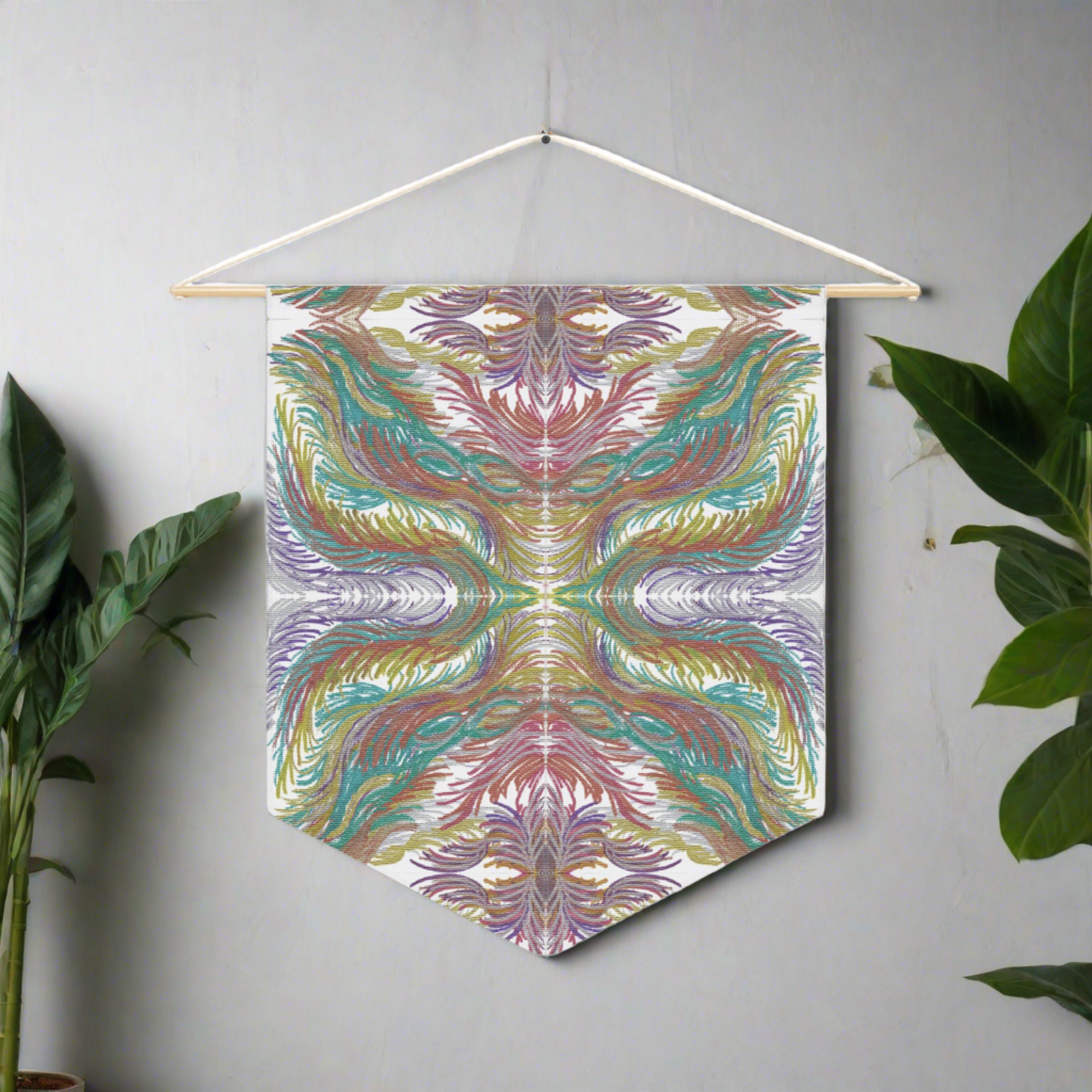 This canvas wall hanging by Caden Caraco features swirls of purples, reds, greens and gold.