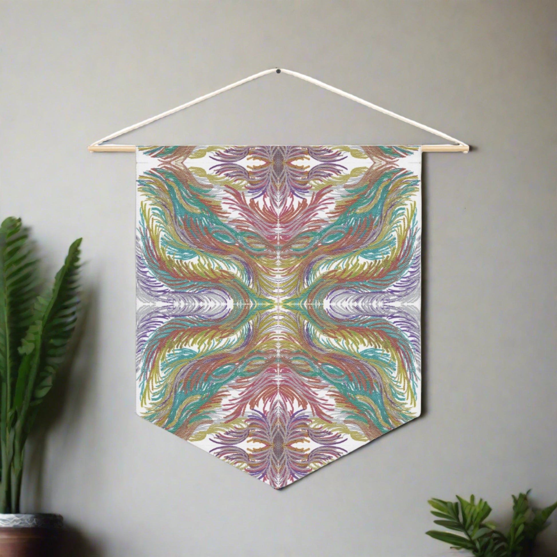 This canvas wall hanging by Caden Caraco features swirls of purples, reds, greens and gold.