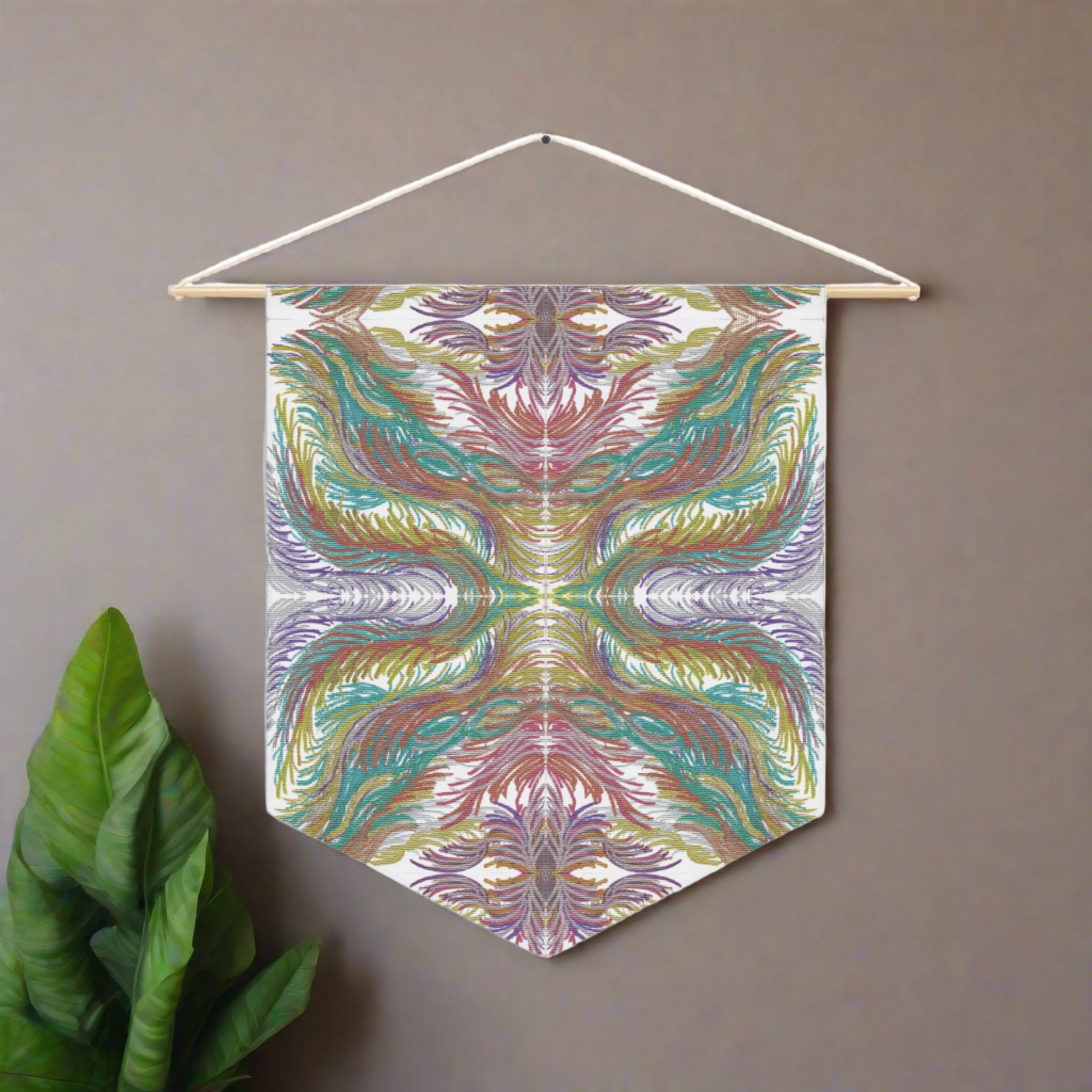 This canvas wall hanging by Caden Caraco features swirls of purples, reds, greens and gold.