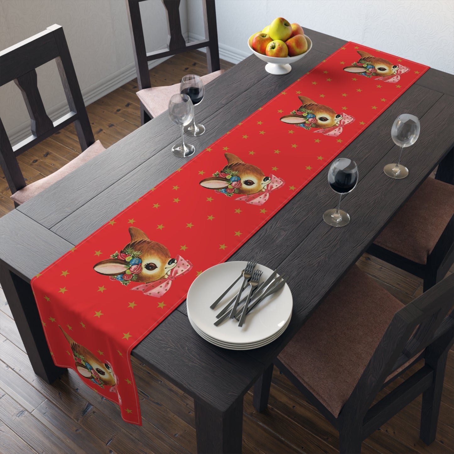 Reindeer Gold Stars Retro Red Christmas Print Home Decor Cotton Poly Table Runner