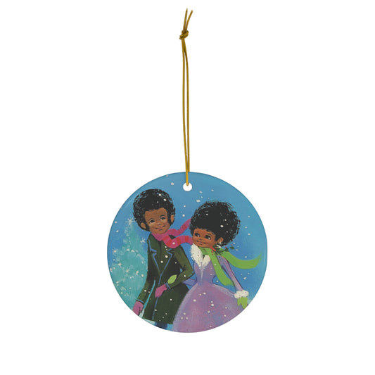 Christmas Couple In Snow Mod Retro Christmas Print Ceramic Ornament