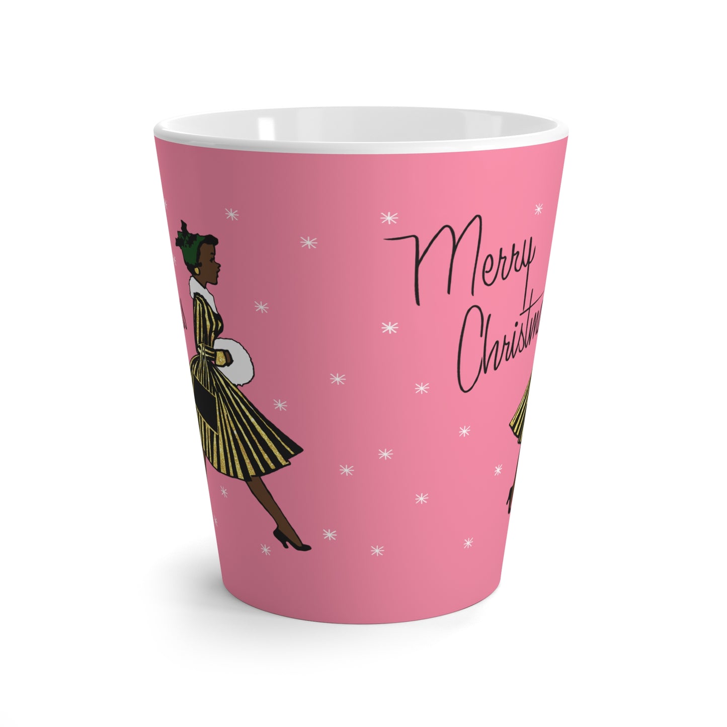 Merry Christmas Lady Pink Mid Century Retro Christmas Print Latte Coffee Mug