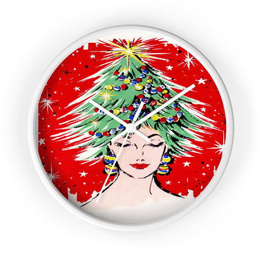 Christmas Tree Hat Lady Christmas 50s Mid Century Retro Christmas Print White Christmas Wall Clock