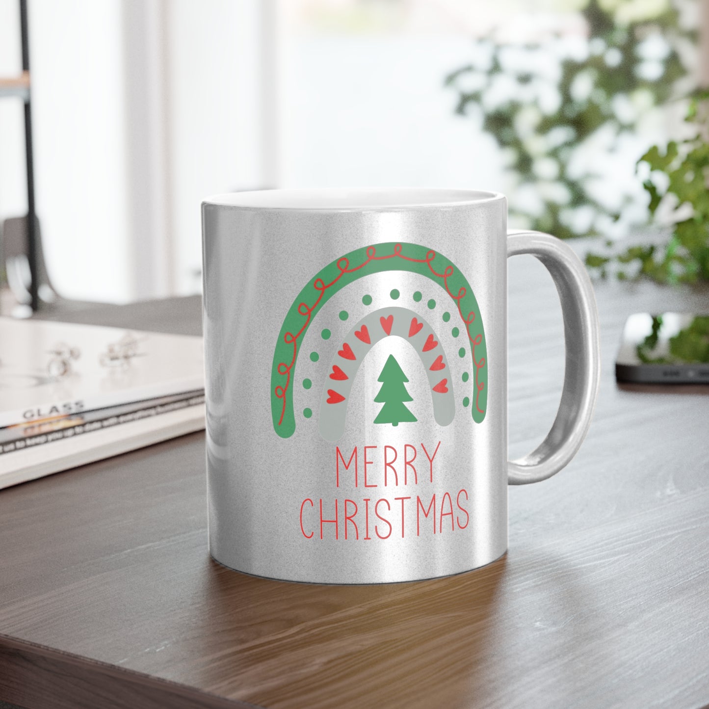 Merry Christmas Boho Rainbow Christmas Silver Metallic Mug