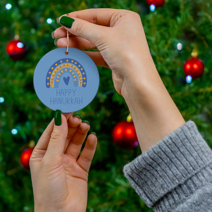 Happy Hanukkah Boho Rainbow Ceramic Ornament