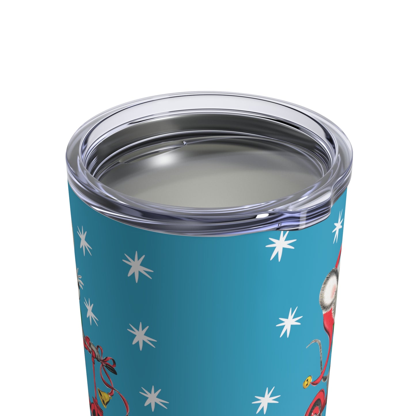 Christmas Mouse On Scooter Stars Blue Mid Century Retro Christmas Print Stainless Steel Tumbler 10oz