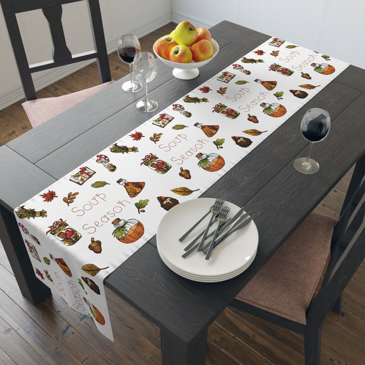 Soup Season Mushroom Pumpkin Fall Autumn Decor Polyester Table Runner