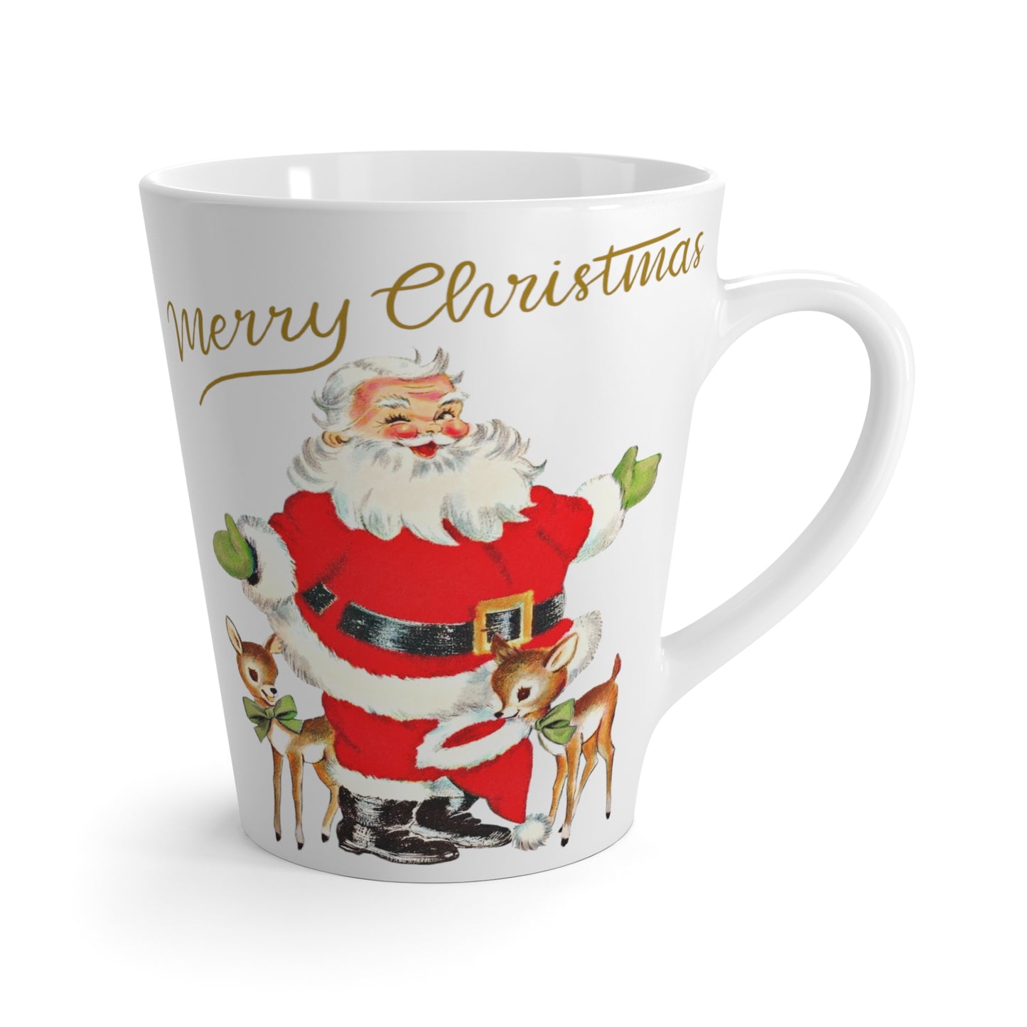 Merry Christmas Santa Reindeer Gold Stars Mid Century Retro Print Latte Mug