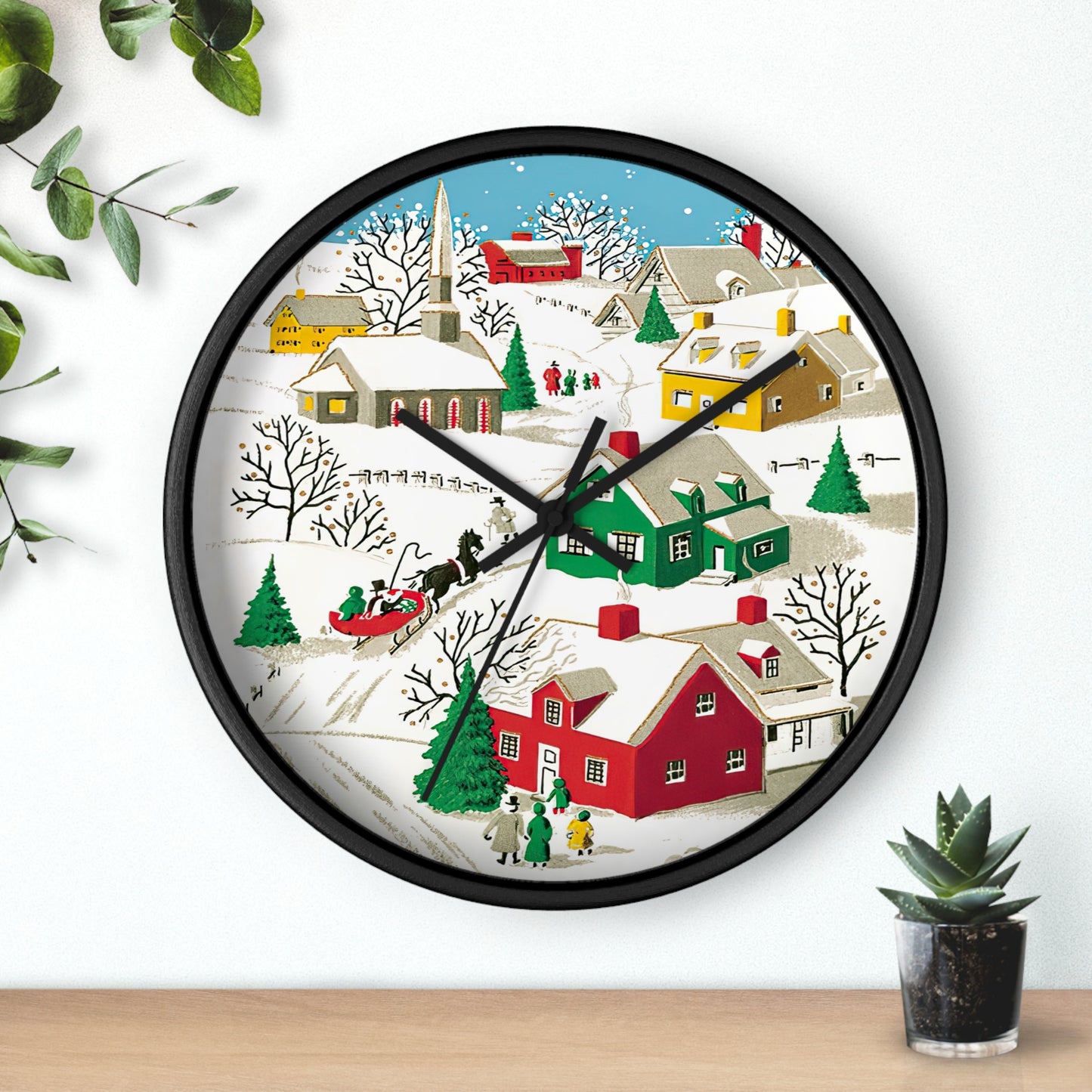 Christmas Winter Village Town Mid Century Retro Christmas Print Black Christmas Wall Clock